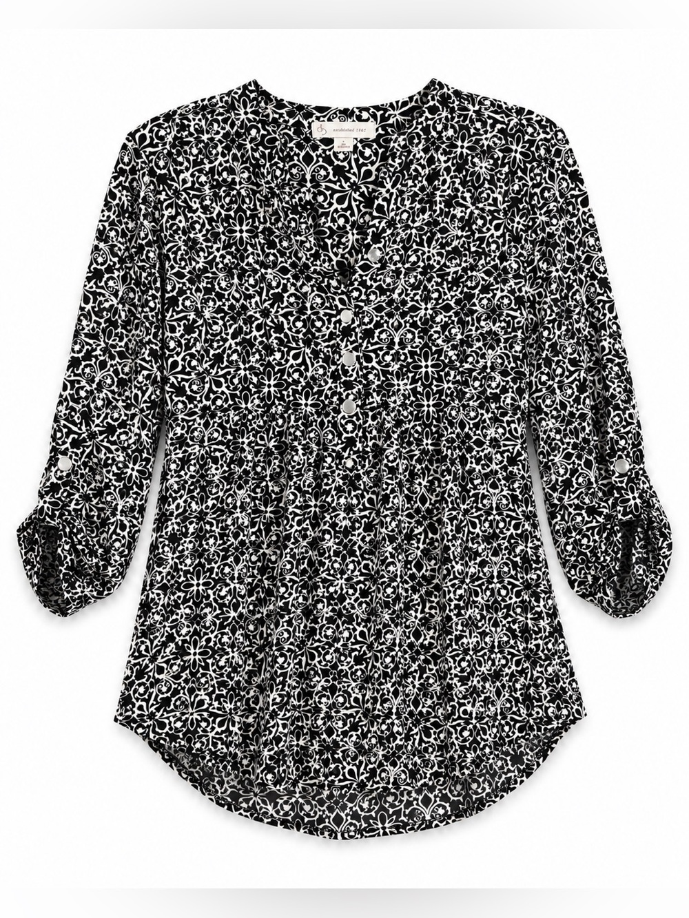 db Established 1962 Black White Damask Tunic Blouse S Button 3/4 Sleeve
